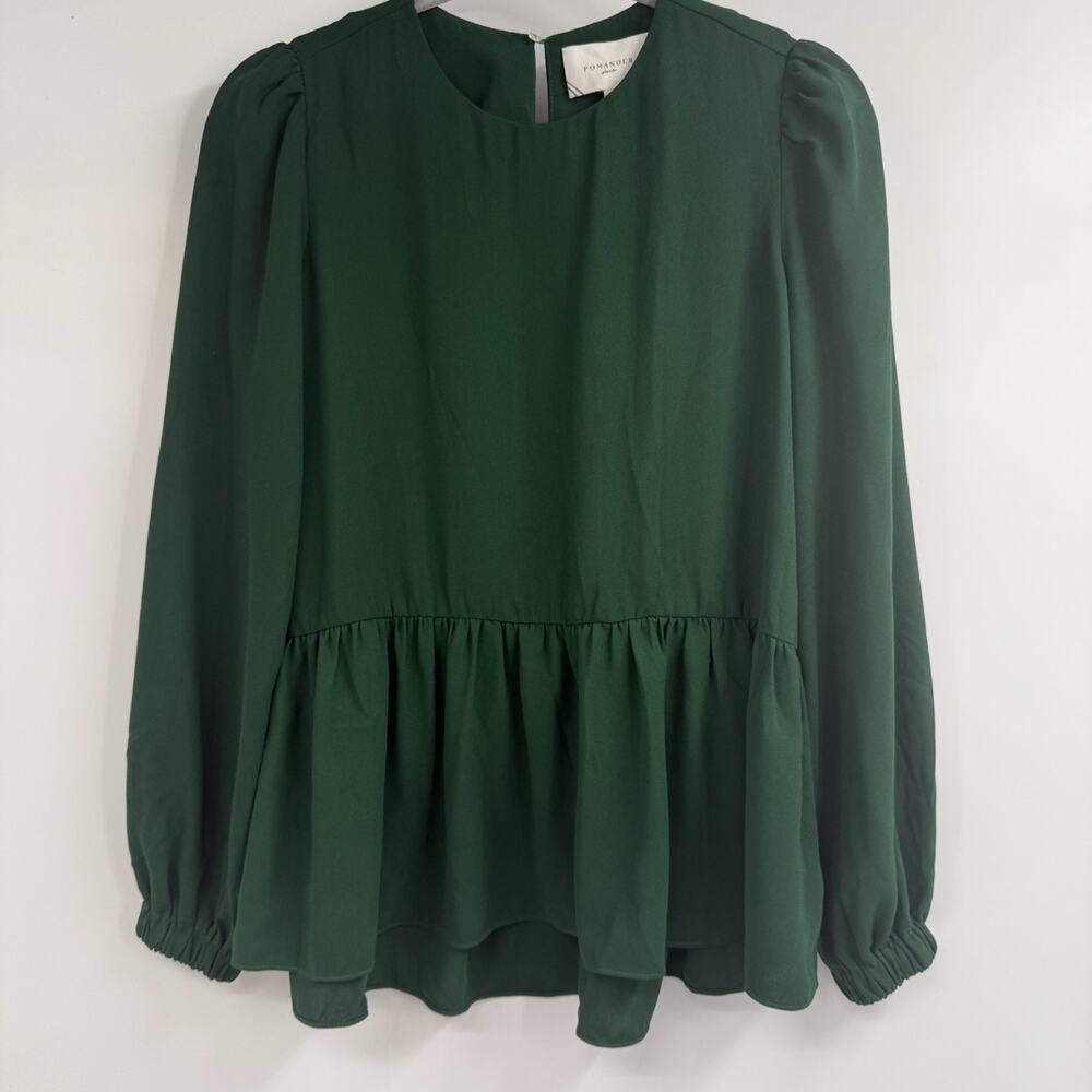 Pomander Place Carlota Peplum Top Womens XS Hunter Green Long Sleeve Elatic Cuff